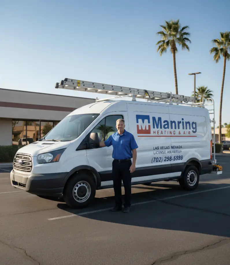 The owner of Manring Heating & Air standing beside a branded company service van